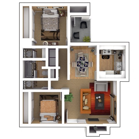 Floor plan for 2 beds, 1 bath, 896 sqft